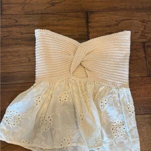 Cream Strapless Knit and Lace Top
